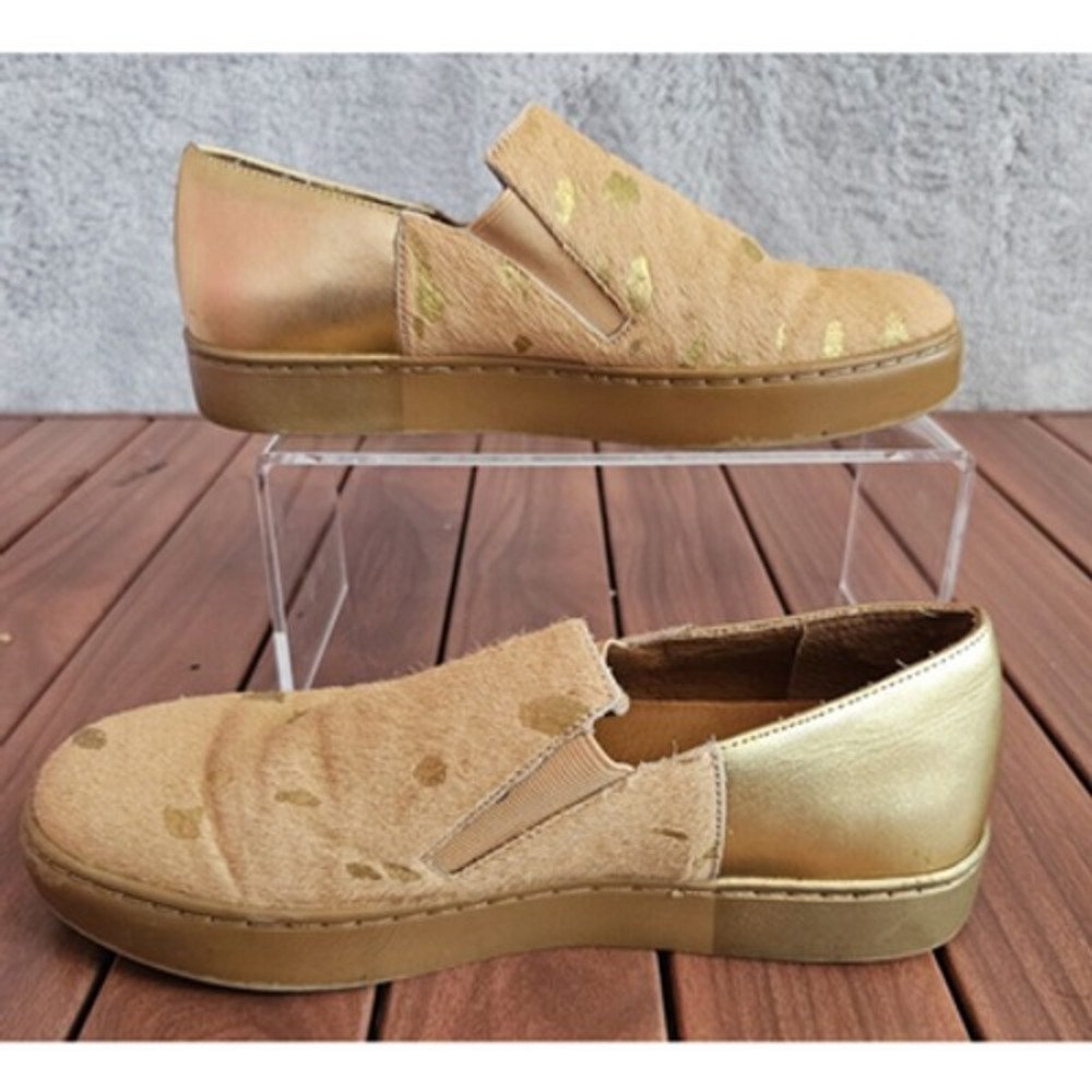 Free People Slip On Varsity Sneakers Gold Calf Hair Metallic Leather Womens 38 7